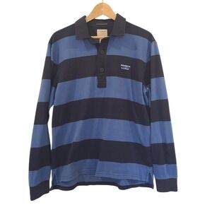 LL Bean Mens Rugby Shirt Navy Blue Striped Long Sleeve Cotton Traditional Fit M